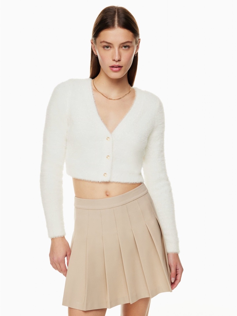Aritzia Sunday Best Reese Cardigan Cropped V-Neck Fuzzy Cardigan Sweater - White